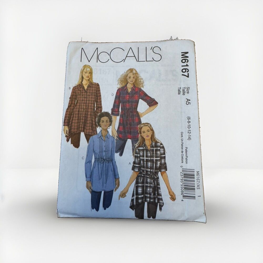 McCalls M6167 Sewing Pattern Misses Tunics Sash Size 6 8 10 12 14 Flannel Shirt